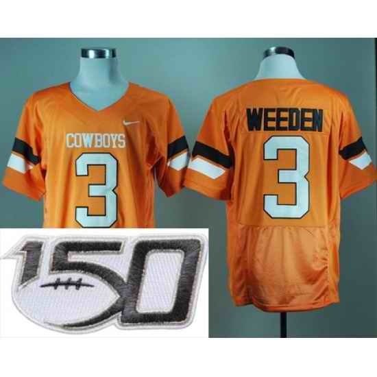 Oklahoma State Cowboys 3 Brandon Weeden Orange Stitched 150th Anniversary Patch Jerseys